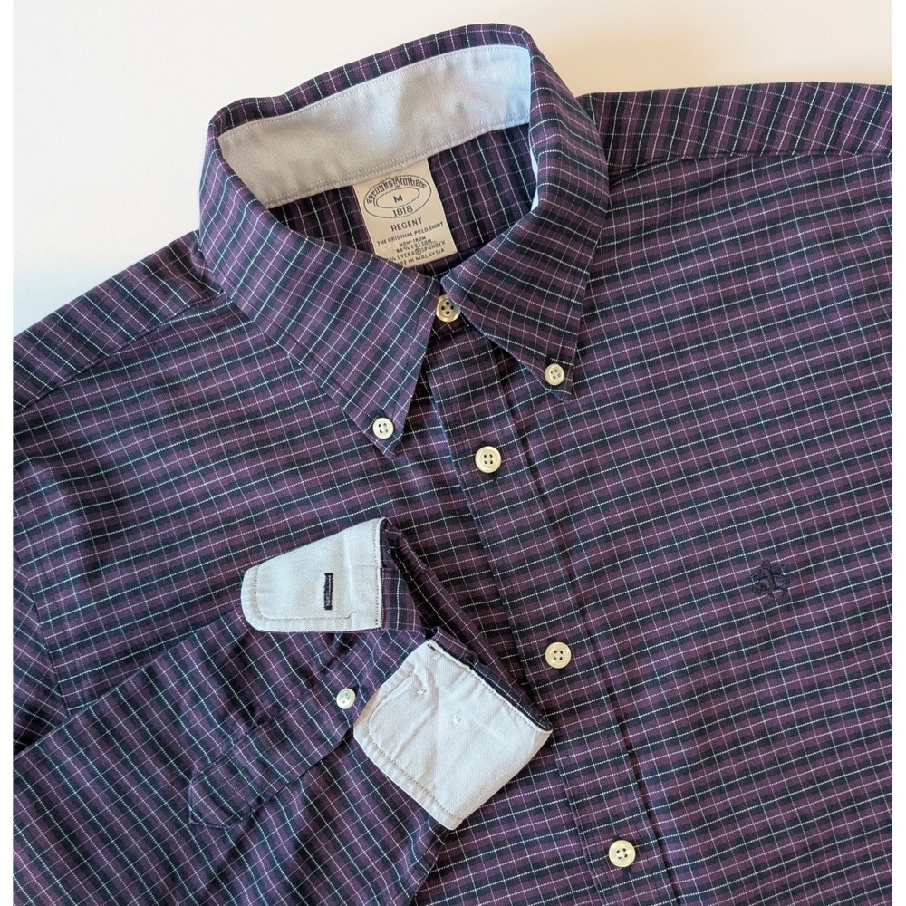 NWOT Brooks Brothers 1818 Regent Shirt Mens M Purple Navy Plaid Non-Iron Stretch